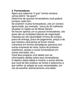 3. Fornecedores
Agora que sabemos "o que" iremos comprar,
vamos definir "de quem".
Determine de quantos fornecedores você poderá
comprar cada item.
Se existirem muitos fornecedores, cite um número
aproximado, por exemplo, "cerca de 42 malharias
situadas na região sul de Minas Gerais".
Se houver apenas um ou poucos fornecedores, cite
quais são as condições básicas de negociação
impostas por ele (quantidade mínima de compra,
prazo de entrega, prazo de pagamento, preço) e de
que maneira você pensa se tornar menos
vulnerável em termos estratégicos (parceria com
outras empresas do ramo, busca de produtos
substitutos, acesso a novos fornecedores em
outros mercados, etc.).
Você deve preparar uma tabela com as
informações obtidas sobre seus fornecedores.
O objetivo desta tabela é mostrar a outros leitores
que você de fato analisou as fontes e selecionou a
que melhor se adapta às suas necessidades, em
vez de escolher arbitrariamente uma delas.
 
