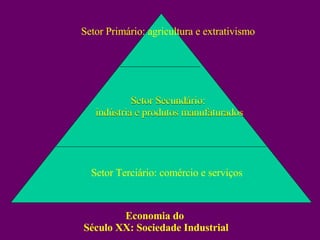 Setor Primário:  ag ricultura e e x trativismo Setor Secundário:  indústria e produtos manufaturados Setor Terciário: comércio e serviços Economia do  Século XX: Sociedade Industrial Setor Secundário:  indústria e produtos manufaturados 