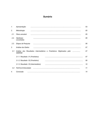 Sumário



1.     Apresentação            ....................................................................................................................       03

2.     Metodologia             ....................................................................................................................       05

2.1.   Plano amostral          ....................................................................................................................       05

2.2.   Hipóteses                     .............................................................................................................        06
       Levantadas

2.3.   Etapas da Pesquisa            ..............................................................................................................       06

3.     Análise dos Dados             ..............................................................................................................       07

 3.1   Análise dos Resultados Intermediários e Finalísticos Objetivados pelo                                                   ..................         07
       SEBRAE

       3.1.1. Resultado 01 (Finalístico)                        .......................................................................................   07

       3.1.2. Resultado 02 (Finalístico)                        .......................................................................................   09

       3.1.3. Resultado 03 (Intermediário)                      .......................................................................................   10

 3.2   Perfil do Entrevistado       ............................................................................................................          11

4.     Conclusão        .........................................................................................................................         14
 