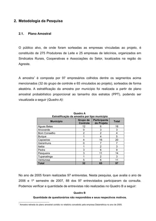 2. Metodologia da Pesquisa


  2.1.        Plano Amostral



  O público alvo, de onde foram sorteadas as empresas vinculadas ao projeto, é
  constituído de 275 Produtores de Leite e 25 empresas de laticínios, organizados em
  Sindicatos Rurais, Cooperativas e Associações do Setor, localizados na região do
  Agreste.



  A amostra1 é composta por 97 empresários colhidos dentre os segmentos acima
  mencionados (32 do grupo de controle e 65 vinculados ao projeto), sorteados de forma
  aleatória. A estratificação da amostra por município foi realizada a partir de plano
  amostral probabilístico proporcional ao tamanho dos estratos (PPT), podendo ser
  visualizada a seguir (Quadro A):



                                                     Quadro A
                                   Estratificação da amostra por tipo município
                                  Município             Grupo de Participante                          Total
                                                        Controle     do Projeto
                        Águas Belas                        12            6                              18
                        Arcoverde                          0             3                               3
                        Bom Conselho                       2             2                               4
                        Buíque                             1             4                               5
                        Capoeiras                          4            16                              20
                        Garanhuns                          0             7                               7
                        Itaiba                             1             2                               3
                        Pedra                              3             6                               9
                        Pesqueira                          3            11                              14
                        Tupanatinga                        1             2                               3
                        Venturosa                          5             6                              11
                        Total                              32           65                              97



  No ano de 2005 foram realizadas 97 entrevistas. Nesta pesquisa, que avalia o ano de
  2006 e 1º semestre de 2007, 88 dos 97 entrevistados participaram da consulta.
  Podemos verificar a quantidade de entrevistas não realizadas no Quadro B a seguir:

                                                             Quadro B
                   Quantidade de questionários não respondidos e seus respectivos motivos.

  1
      Amostra retirada do plano amostral contido no relatório concebido pela empresa Datamétrica no ano de 2005.
 