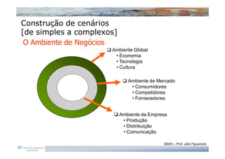 Construção de cenários
[de simples a complexos]
 O Ambiente de Negócios
                      Ambiente Global
                       • Economia
                       • Tecnologia
                       • Cultura

                              Ambiente de Mercado
                               • Consumidores
                               • Competidores
                               • Fornecedores


                           Ambiente da Empresa
                            • Produção
                            • Distribuição
                            • Comunicação

                                            SBDS – Prof. Júlio Figueiredo
 