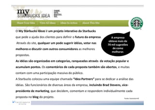 O My Starbucks Ideas é um projeto interativo da Starbucks
que pede a ajuda dos clientes para definir o futuro da empresa.        A empresa
                                                                     obteve mais de
Através do site, qualquer um pode sugerir idéias, votar nas         70 mil sugestões
melhores e discutir com outros consumidores as melhores                 de como
                                                                       melhorar.
propostas.
As idéias são organizadas em categorias, ranqueadas através da votação popular e
acumulam pontos. Os comentários de cada proposta também são abertos, e muitas
contam com uma participação massiva do público.
A Starbucks colocou uma equipe chamada “Idea Partners” para se dedicar a análise das
idéias. São funcionários de diversas áreas da empresa, incluindo Brad Stevens, vice-
presidente de marketing, que decidem, comentam e respondem individualmente cada
proposta no blog do projeto.                                                     Fonte: brainstorm9
 