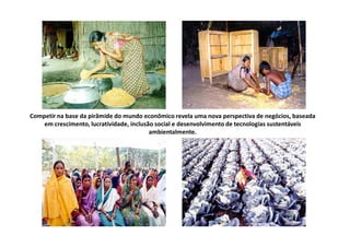 Competir na base da pirâmide do mundo econômico revela uma nova perspectiva de negócios, baseada
    em crescimento, lucratividade, inclusão social e desenvolvimento de tecnologias sustentáveis
                                          ambientalmente.
 