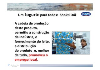 Um   Iogurte para todos:   Shokti Dói

A cadeia de produção
deste produto,
permitiu a construção
da indústria, o
fornecimento do leite,
a distribuição
do produto e, melhor
de tudo, promoveu o
emprego local.
 