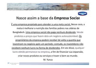 Nasce assim a base da Empresa Social
É uma empresa projetada para atender a uma meta social. Nesse caso, a
     meta é melhorar a nutrição das famílias pobres nas aldeias de
 Bangladesh. Uma empresa social não paga nenhum dividendo. Vende
  produtos a preços que fazem dela um negócio autosustentável. Os
   proprietários da empresa podem receber de volta a quantia que
 investiram no negócio após um período; contudo, os investidores não
recebem nenhum lucro na forma de dividendos. Em vez disso, qualquer
 lucro obtido permanece na empresa, a fim de financiar sua expansão,
      criar novos produtos ou serviços e trazer o bem ao mundo.
                              M. Yunus
 