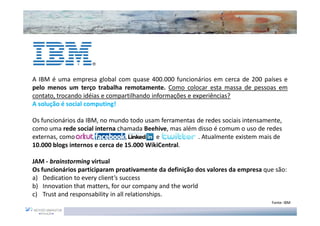 A IBM é uma empresa global com quase 400.000 funcionários em cerca de 200 países e
pelo menos um terço trabalha remotamente. Como colocar esta massa de pessoas em
contato, trocando idéias e compartilhando informações e experiências?
A solução é social computing!

Os funcionários da IBM, no mundo todo usam ferramentas de redes sociais intensamente,
como uma rede social interna chamada Beehive, mas além disso é comum o uso de redes
externas, como Orkut, Face book, Linkedin e Twitter    . Atualmente existem mais de
10.000 blogs internos e cerca de 15.000 WikiCentral.

JAM - brainstorming virtual
Os funcionários participaram proativamente da definição dos valores da empresa que são:
a) Dedication to every client’s success
b) Innovation that matters, for our company and the world
c) Trust and responsability in all relationships.
                                                                                 Fonte: IBM
 