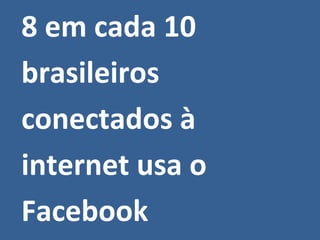8 em cada 10
brasileiros
conectados à
internet usa o
Facebook
 