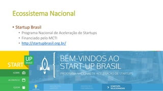 Ecossistema Nacional
• Startup Brasil
• Programa Nacional de Aceleração de Startups
• Financiado pelo MCTI
• http://startupbrasil.org.br/
54
 