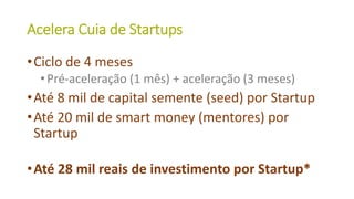 Acelera Cuia de Startups
•Ciclo de 4 meses
•Pré-aceleração (1 mês) + aceleração (3 meses)
•Até 8 mil de capital semente (seed) por Startup
•Até 20 mil de smart money (mentores) por
Startup
•Até 28 mil reais de investimento por Startup*
 