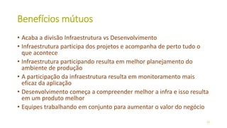 Benefícios mútuos
• Acaba a divisão Infraestrutura vs Desenvolvimento
• Infraestrutura participa dos projetos e acompanha de perto tudo o
que acontece
• Infraestrutura participando resulta em melhor planejamento do
ambiente de produção
• A participação da infraestrutura resulta em monitoramento mais
eficaz da aplicação
• Desenvolvimento começa a compreender melhor a infra e isso resulta
em um produto melhor
• Equipes trabalhando em conjunto para aumentar o valor do negócio
27
 