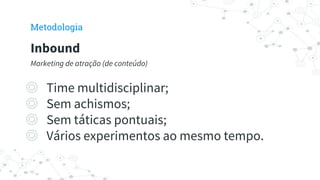 ◎ Time multidisciplinar;
◎ Sem achismos;
◎ Sem táticas pontuais;
◎ Vários experimentos ao mesmo tempo.
Inbound
Marketing de atração (de conteúdo)
Metodologia
 