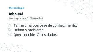 ◎ Tenha uma boa base de conhecimento;
◎ Defina o problema;
◎ Quem decide são os dados;
Inbound
Marketing de atração (de conteúdo)
Metodologia
 