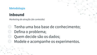 ◎ Tenha uma boa base de conhecimento;
◎ Defina o problema;
◎ Quem decide são os dados;
◎ Modele e acompanhe os experimentos.
Inbound
Marketing de atração (de conteúdo)
Metodologia
 