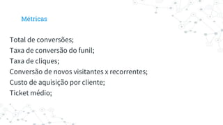 Total de conversões;
Taxa de conversão do funil;
Taxa de cliques;
Conversão de novos visitantes x recorrentes;
Custo de aquisição por cliente;
Ticket médio;
Métricas
 