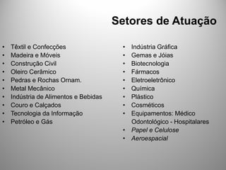 Setores de Atuação

•   Têxtil e Confecções                 • Indústria Gráfica
•   Madeira e Móveis                    • Gemas e Jóias
•   Construção Civil                    • Biotecnologia
•   Oleiro Cerâmico                     • Fármacos
•   Pedras e Rochas Ornam.              • Eletroeletrônico
•   Metal Mecânico                      • Química
•   Indústria de Alimentos e Bebidas    • Plástico
•   Couro e Calçados                    • Cosméticos
•   Tecnologia da Informação            • Equipamentos: Médico
•   Petróleo e Gás                        Odontológico - Hospitalares
                                        • Papel e Celulose
                                        • Aeroespacial
 