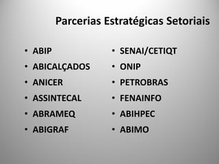 Parcerias Estratégicas Setoriais

• ABIP              • SENAI/CETIQT
• ABICALÇADOS       • ONIP
• ANICER            • PETROBRAS
• ASSINTECAL        • FENAINFO
• ABRAMEQ           • ABIHPEC
• ABIGRAF           • ABIMO
 