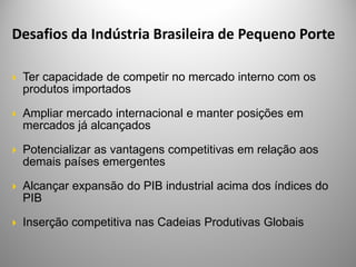 Desafios da Indústria Brasileira de Pequeno Porte

 Ter capacidade de competir no mercado interno com os
 produtos importados

 Ampliar mercado internacional e manter posições em
 mercados já alcançados

 Potencializar as vantagens competitivas em relação aos
 demais países emergentes

 Alcançar expansão do PIB industrial acima dos índices do
 PIB

 Inserção competitiva nas Cadeias Produtivas Globais
 