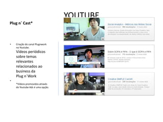 YOUTUBE
Plug n´ Cast*



•   Criação do canal Plugnwork
    no Youtube.
    Vídeos periódicos
    sobre temas
    relevantes
    relacionados ao
    business da
    Plug n´Work
•
    *Vídeos promovidos através
    do Youtube Ads é uma opção.
 