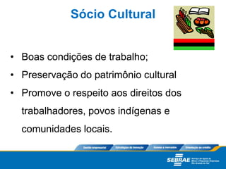• Boas condições de trabalho;
• Preservação do patrimônio cultural
• Promove o respeito aos direitos dos
trabalhadores, povos indígenas e
comunidades locais.
Sócio Cultural
 