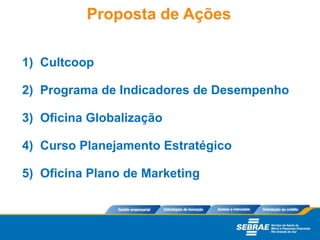 1) Cultcoop
2) Programa de Indicadores de Desempenho
3) Oficina Globalização
4) Curso Planejamento Estratégico
5) Oficina Plano de Marketing
Proposta de Ações
 