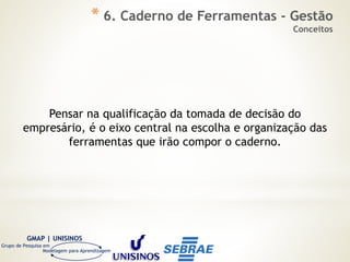 GMAP | UNISINOS
Grupo de Pesquisa em
Modelagem para Aprendizagem
Pensar na qualificação da tomada de decisão do
empresário, é o eixo central na escolha e organização das
ferramentas que irão compor o caderno.
* 6. Caderno de Ferramentas - Gestão
Conceitos
 