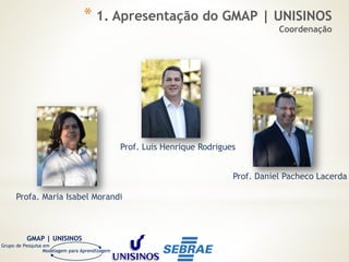 Modelagem para Aprendizagem
GMAP | UNISINOS
Grupo de Pesquisa em
Modelagem para Aprendizagem
Prof. Daniel Pacheco Lacerda
Prof. Luis Henrique Rodrigues
Profa. Maria Isabel Morandi
* 1. Apresentação do GMAP | UNISINOS
Coordenação
 