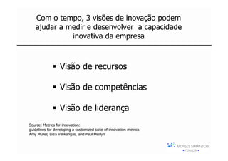 Com o tempo, 3 visões de inovação podem
   ajudar a medir e desenvolver a capacidade
             inovativa da empresa



                  Visão de recursos

                  Visão de competências

                  Visão de liderança
Source: Metrics for innovation:
guidelines for developing a customized suite of innovation metrics
Amy Muller, Liisa Välikangas, and Paul Merlyn
 