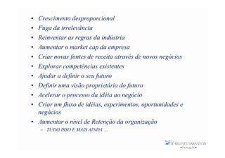 • Crescimento desproporcional
• Fuga da irrelevância
• Reinventar as regras da indústria
• Aumentar o market cap da empresa
• Criar novas fontes de receita através de novos negócios
• Explorar competências existentes
• Ajudar a definir o seu futuro
• Definir uma visão proprietária do futuro
• Acelerar o processo da idéia ao negócio
• Criar um fluxo de idéias, experimentos, oportunidades e
  negócios
• Aumentar o nível de Retenção da organização
    – TUDO ISSO E MAIS AINDA …
 
