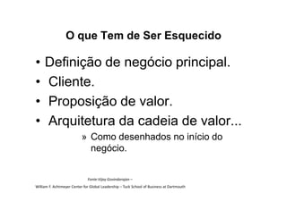 O que Tem de Ser Esquecido

•    Definição de negócio principal.
•    Cliente.
•    Proposição de valor.
•    Arquitetura da cadeia de valor...
                           » Como desenhados no início do
                             negócio.


                              Fonte:Vijay Govindarajan –
William F. Achtmeyer Center for Global Leadership – Tuck School of Business at Dartmouth
 
