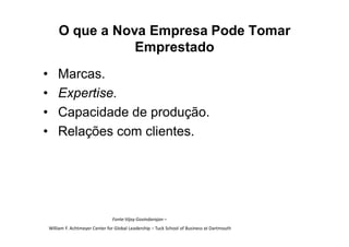 O que a Nova Empresa Pode Tomar
                   Emprestado
•       Marcas.
•       Expertise.
•       Capacidade de produção.
•       Relações com clientes.




                                  Fonte:Vijay Govindarajan –
    William F. Achtmeyer Center for Global Leadership – Tuck School of Business at Dartmouth
 