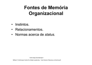 Fontes de Memória
                      Organizacional

• Instintos.
• Relacionamentos.
• Normas acerca de status.




                              Fonte:Vijay Govindarajan –
William F. Achtmeyer Center for Global Leadership – Tuck School of Business at Dartmouth
 
