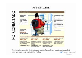 PC a R$ 1,4 mil.

PC CONECTADO




Computador popular virá equipado com software livre, pacote de conexão à
internet, e será isento de PIS e Cofins
 