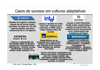 Casos de sucesso em culturas adaptativas

Modelo de negócio modular;                                         Lançou a linha Reciclato
  depois de se tornar maior           Lançou a família de chips
                                       “low end” Celeron para     tendo antes construindo a
provedor de jatos de 70-150                                        cadeia de suprimento de
  lugares aposta nos jatos             enfrentar a AMD; hoje a
                                        linha Celeron líder de    matéria prima em parceria
 comerciais de 6 a 8 lugares                                        com a Associação dos
                                               vendas
                                                                     Catadores de Papel

    Mobile Brasil
                                Especializou-se na             Fugindo da tendência
  Liderou a introdução da    produção low-cost (mini-        seguida pelos principais
tecnologia GSM no Brasil e    usinas) de produtos de         fornecedores – handsets
 inovou no relacionamento aço. Repetiu com sucesso                carregados de
fabricantes - grande varejo   esse modelo em outros         funcionalidades - apostou
   facilitando o acesso do           mercados              na simplicidade e elegância
 celular pelas classes C e D                                    com o modelo Razr
                                 Inovou de forma rompedora em
                                 vários mercados. Recentemente
                                    para ter acesso rápido aos
                                  mercados residencial das PME
                               empresas comprou e integrou com
                                        sucesso a Linksys
    Prof. Luiz C. Moraes Rego - FGV
 