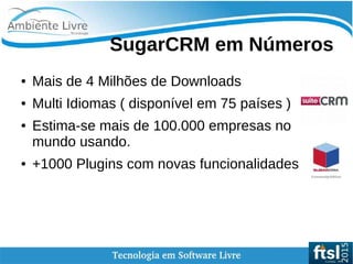    
SugarCRM em Números
● Mais de 4 Milhões de Downloads
● Multi Idiomas ( disponível em 75 países )
● Estima-se mais de 100.000 empresas no
mundo usando.
● +1000 Plugins com novas funcionalidades
 