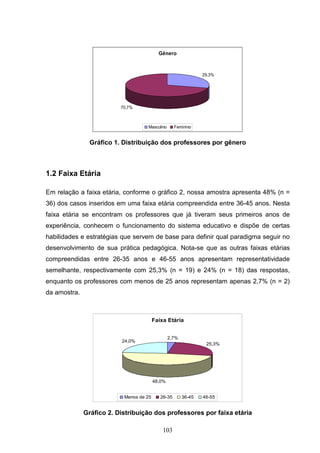 Gênero



                                                                29,3%




                          70,7%



                                    Masculino       Feminino


                Gráfico 1. Distribuição dos professores por gênero



1.2 Faixa Etária

Em relação a faixa etária, conforme o gráfico 2, nossa amostra apresenta 48% (n =
36) dos casos inseridos em uma faixa etária compreendida entre 36-45 anos. Nesta
faixa etária se encontram os professores que já tiveram seus primeiros anos de
experiência, conhecem o funcionamento do sistema educativo e dispõe de certas
habilidades e estratégias que servem de base para definir qual paradigma seguir no
desenvolvimento de sua prática pedagógica. Nota-se que as outras faixas etárias
compreendidas entre 26-35 anos e 46-55 anos apresentam representatividade
semelhante, respectivamente com 25,3% (n = 19) e 24% (n = 18) das respostas,
enquanto os professores com menos de 25 anos representam apenas 2,7% (n = 2)
da amostra.



                                         Faixa Etária


                                                 2,7%
                          24,0%
                                                                 25,3%




                                         48,0%


                           Menos de 25      26-35       36-45   46-55


              Gráfico 2. Distribuição dos professores por faixa etária

                                             103
 
