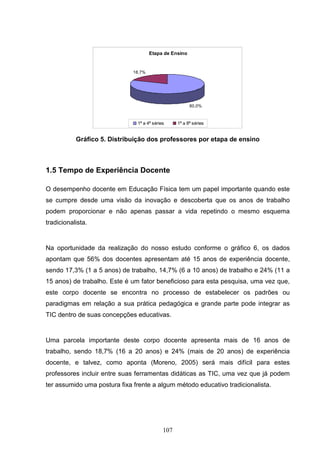 Etapa de Ensino


                              18,7%




                                                        80,0%



                               1ª a 4ª séries     1ª a 8ª séries


           Gráfico 5. Distribuição dos professores por etapa de ensino



1.5 Tempo de Experiência Docente

O desempenho docente em Educação Física tem um papel importante quando este
se cumpre desde uma visão da inovação e descoberta que os anos de trabalho
podem proporcionar e não apenas passar a vida repetindo o mesmo esquema
tradicionalista.


Na oportunidade da realização do nosso estudo conforme o gráfico 6, os dados
apontam que 56% dos docentes apresentam até 15 anos de experiência docente,
sendo 17,3% (1 a 5 anos) de trabalho, 14,7% (6 a 10 anos) de trabalho e 24% (11 a
15 anos) de trabalho. Este é um fator beneficioso para esta pesquisa, uma vez que,
este corpo docente se encontra no processo de estabelecer os padrões ou
paradigmas em relação a sua prática pedagógica e grande parte pode integrar as
TIC dentro de suas concepções educativas.


Uma parcela importante deste corpo docente apresenta mais de 16 anos de
trabalho, sendo 18,7% (16 a 20 anos) e 24% (mais de 20 anos) de experiência
docente, e talvez, como aponta (Moreno, 2005) será mais difícil para estes
professores incluir entre suas ferramentas didáticas as TIC, uma vez que já podem
ter assumido uma postura fixa frente a algum método educativo tradicionalista.




                                            107
 
