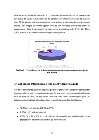 Quanto a frequência de utilização do computador junto aos alunos no decorrer do
ano letivo de 2008, considerando-se os contextos de utilização de sala de aula ou
não, 77,3% jamais utiliza o computador para realizar a atividade docente junto aos
alunos. Em relação as outras opções nota-se um resultado equilibrado entre as
opções uma, duas, três e quatro ou mais vezes, respectivamente 6,7%; 4%; 4% e
5,3%, apenas 1,3% declara utilizar sempre o computador.



                        Frequência de Utilização do Computador junto aos
                                              Alunos

                                             5,3%
                                     4,0%                  1,3%
                              4,0%
                       6,7%




                                                                      77,3%



                          Zero       Uma    Duas    Três   Quatro ou mais   Sempre



 Gráfico 21. Frequência de utilização do computador pelos professores junto
                                  aos alunos




4.4 Aplicações Informáticas e Tipo de Atividade Realizada

Tendo-se constatado que uma pequena parte dos professores utilizam o computador
junto aos alunos tanto em contexto de sala de aula como em contexto de utilização
fora de sala de aula, os resultados apontam uma baixa porcentagem para as
aplicações informáticas utilizadas e seus respecitvos contextos de utilização.



   •   10,7% (n = 8) utilizam CD-ROM/DVD;

   •   9,3% (n = 7) utilizam internet;

   •   9,3% (n = 7) e 8% (n = 6) utilizam ferramentas de produtividade como
       processador de texto e dispositivo de apresentação.




                                                    122
 