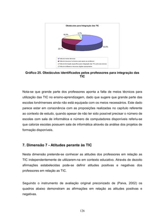 Obstáculos para Integração das TIC


                                                    2,7%
                                16,0%




                                                                                        52,0%
                        22,7%




                         Falta de meios técnicos
                         Falta de recursos humanos para apoio ao professor
                         Falta de formação específica para integração das TIC junto aos alunos
                         Falta de software e recursos digitais apropriados



 Gráfico 25. Obstáculos identificados pelos professores para integração das
                                     TIC



Nota-se que grande parte dos professores aponta a falta de meios técnicos para
utilização das TIC no ensino-aprendizagem, dado que sugere que grande parte das
escolas londrinenses ainda não está equipada com os meios necessários. Este dado
parece estar em consonância com as proposições realizadas no capítulo referente
ao contexto de estudo, quando apesar de não ter sido possível precisar o número de
escolas com sala de informática e número de computadores disponíveis referiu-se
que catorze escolas possuem sala de informática através da análise dos projetos de
formação disponíveis.



7. Dimensão 7 - Atitudes perante às TIC

Nesta dimensão pretende-se conhecer as atitudes dos professores em relação as
TIC independentemente de utilizarem-na em contexto educativo. Através de dezoito
afirmações estabelecidas pode-se definir atitudes positivas e negativas dos
professores em relação as TIC.


Seguindo o instrumento de avaliação original preconizado de (Paiva, 2002) os
quadros abaixo demonstram as afirmações em relação as atitudes positivas e
negativas.




                                                       126
 