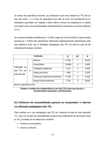 ao tempo de experiência docente, os professores que mais utilizam as TIC são os
que tem entre 1 e 5 anos de experiência em sala de aula. Se considerarmos os
resultados apontados em relação a faixa etária e tempo de experiência os dados
convergem para uma representação majoritariamente masculina em ambos (gráficos
3 e 7).


As variáveis titulação acadêmica (p = 0,493), etapa de ensino (0,223) e carga horária
semanal (p = 0,630) não apresentam diferenças estatisticamente significativas pelo
que podemos dizer que a utilização pedagógica das TIC em sala de aula se dá
independente destas variáveis.


                        Variáveis                         χ²         g.l.       p

                        Gênero                           5,796        1       0,033

                        Faixa Etária                    12,588        2       0,002
Utilização do
                        Titulação académica              1,413        2       0,493
das TIC em         X
                        Etapa de ensino                  1,940        1       0,223
sala de aula
                        Tempo de experiencia docente    11,343        4       0,023

                        Carga horária semanal            1,733        3       0,630
Nível de significância 5%

          Tabela 9. Análise de independência uso das TIC junto aos alunos x
                       características pessoais e profissionais




8.2 Influência da acessibilidade pessoal ao computador e internet
na utilização pedagógica das TIC.

Para analisar se o uso pedagógico das TIC em contexto de sala de aula (questão
17), varia em função da acessibilidade pessoal dos professores de educação física
as TIC, procedeu-se à análise das variáveis:

   •      Acesso ao computador,

   •      Acesso a Internet.


                                          137
 
