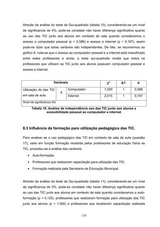 Através da análise do teste de Qui-quadrado (tabela 10), considerando-se um nível
de significancia de 5%, pode-se constatar não haver diferença significativa quanto
ao uso das TIC junto aos alunos em contexto de sala quando consideramos o
acesso a computador pessoal (p = 0,586) e acesso a internet (p = 0,167), assim
pode-se dizer que estas variáveis são independentes. De fato, se recorrermos ao
gráfico 8, nota-se que o acesso ao computador pessoal e a internet está massificado
entre estes professores e ainda, o teste qui-quadrado revela que todos os
professores que utilizam as TIC junto aos alunos possuem computador pessoal e
acesso a internet.


                       Variáveis                         χ²        g.l.       p

Utilização do das TIC           Computador             1,020        1       0,586
                            X
em sala de aula                 Internet               2,015        1       0,167
Nível de significância 5%

       Tabela 10. Análise de independência uso das TIC junto aos alunos x
                acessibilidade pessoal ao computador e internet




8.3 Influência da formação para utilização pedagógica das TIC.

Para analisar se o uso pedagógico das TIC em contexto de sala de aula (questão
17), varia em função formação recebida pelos professores de educação física as
TIC, procedeu-se à análise das variáveis:

   •   Auto-formação;

   •   Professores que realizaram capacitação para utilização das TIC;

   •   Formação realizada pela Secretaria de Educação Municipal.


Através da análise do teste de Qui-quadrado (tabela 11), considerando-se um nível
de significancia de 5%, pode-se constatar não haver diferença significativa quanto
ao uso das TIC junto aos alunos em contexto de sala quando consideramos a auto-
formação (p = 0,125), professores que realizaram formação para utilização das TIC
junto aos alunos (p = 1,000) e professores que receberam capacitação realizada


                                           138
 
