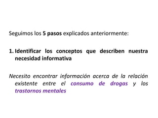 Seguimos los 5 pasos explicados anteriormente:

1. Identificar los conceptos que describen nuestra
   necesidad informativa

Necesito encontrar información acerca de la relación
  existente entre el consumo de drogas y los
  trastornos mentales
 