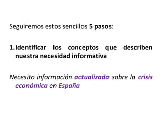 Seguiremos estos sencillos 5 pasos:
1.Identificar los conceptos que describen
nuestra necesidad informativa
Necesito información actualizada sobre la crisis
económica en España
 