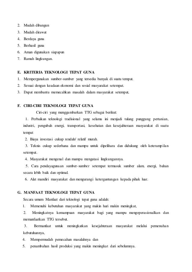 Sebutkan Ciri Ciri Teknologi Tepat Guna