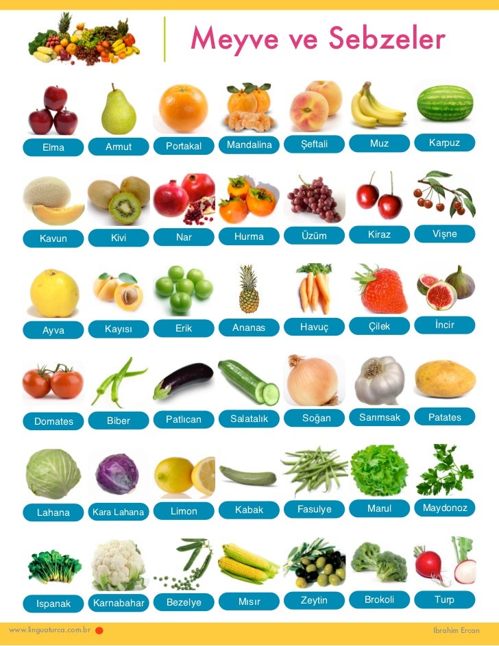 Frutas e Legumes em Turco Fruits and Vegetables in Turkish