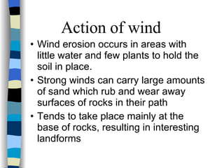 Wind erosion occurs in areas with little water and few plants to hold the soil in place. Strong winds can carry large amounts of sand which rub and wear away surfaces of rocks in their path Tends to take place mainly at the base of rocks, resulting in interesting landforms Action of wind 