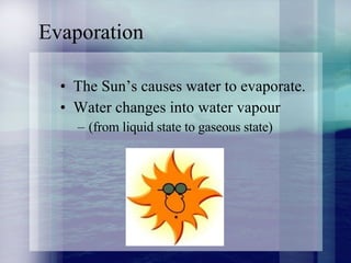 Evaporation The Sun’s causes water to evaporate. Water changes into water vapour  (from liquid state to gaseous state) 