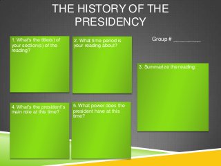 THE HISTORY OF THE
PRESIDENCY
1. What’s the title(s) of
your section(s) of the
reading?

2. What time period is
your reading about?

Group # _________

3. Summarize the reading:

4. What’s the president’s
main role at this time?

5. What power does the
president have at this
time?

 