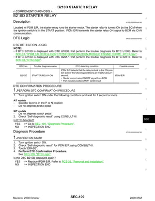 B210D STARTER RELAY
< COMPONENT DIAGNOSIS >

B210D STARTER RELAY

A

Description

INFOID:0000000004497563

Located in IPDM E/R, the starter relay runs the starter motor. The starter relay is turned ON by the BCM when
the ignition switch is in the START position. IPDM E/R transmits the starter relay ON signal to BCM via CAN
communication.

B

DTC Logic

INFOID:0000000004497564

C

NOTE:
• If DTC B210D is displayed with DTC U1000, first perform the trouble diagnosis for DTC U1000. Refer to
SEC-31, "IPDM E/R (INTELLIGENT POWER DISTRIBUTION MODULE ENGINE ROOM) : DTC Logic".
• If DTC B210D is displayed with DTC B2617, first perform the trouble diagnosis for DTC B2617. Refer to
SEC-94, "DTC Logic".

D

DTC DETECTION LOGIC

DTC No.

B210D

Trouble diagnosis name

STARTER RELAY ON

DTC detecting condition
IPDM E/R detects that the relay is stuck in the ON position even if the following conditions are met for about 1
second.
• Starter control relay ON/OFF signal from BCM
• Park neutral position (PNP) switch input

E

Possible cause

F
IPDM E/R

G

DTC CONFIRMATION PROCEDURE
H

1.PERFORM DTC CONFIRMATION PROCEDURE
1.

Turn ignition switch ON under the following conditions and wait for 1 second or more.
I

A/T models

-

Selector lever is in the P or N position
Do not depress brake pedal
J

M/T models

Do not depress clutch pedal
2. Check “Self-diagnostic result” using CONSULT-III.
Is DTC detected?
YES >> Go to SEC-109, "Diagnosis Procedure".
NO
>> INSPECTION END

SEC

L

Diagnosis Procedure

INFOID:0000000004497565

1.INSPECTION START

M

1.
2.
3.
4.

Turn ignition switch ON.
Check “Self-diagnostic result” for IPDM E/R using CONSULT-III.
Touch “ERASE”.
Perform DTC Confirmation Procedure.
See SEC-109, "DTC Logic".
Is the DTC B210D displayed again?
YES >> Replace IPDM E/R. Refer to PCS-33, "Removal and Installation".
NO
>> INSPECTION END

N

O

P

Revision: 2008 October

SEC-109

2009 370Z

 