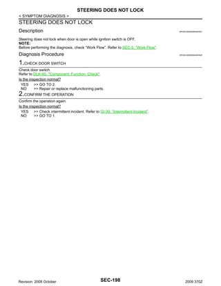 STEERING DOES NOT LOCK
< SYMPTOM DIAGNOSIS >

STEERING DOES NOT LOCK
Description

INFOID:0000000004497627

Steering does not lock when door is open while ignition switch is OFF.
NOTE:
Before performing the diagnosis, check “Work Flow”. Refer to SEC-5, "Work Flow".

Diagnosis Procedure

INFOID:0000000004497628

1.CHECK DOOR SWITCH
Check door switch.
Refer to DLK-60, "Component Function Check".
Is the inspection normal?
YES >> GO TO 2.
NO
>> Repair or replace malfunctioning parts.

2.CONFIRM THE OPERATION
Confirm the operation again.
Is the inspection normal?
YES >> Check intermittent incident. Refer to GI-39, "Intermittent Incident".
NO
>> GO TO 1.

Revision: 2008 October

SEC-198

2009 370Z

 