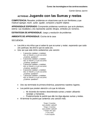 Curso: las tecnologías en los centros escolares
Carrión Gómez Jazmin
ACTIVIDAD: Jugando con las Sumas y restas
COMPETENCIA: Resuelve problemas en situaciones que le son familiares y que
implican agregar, reunir, quitar, igualar, comparar y repartir objetos
APRENDIZAJE ESPERADO: Comprende problemas numéricos que se le plantean,
estima sus resultados y los representa usando dibujos, símbolos y/o números.
ESTRATEGIA DE APRENDIZAJE: Juego y resolución de problemas
AMBIENTE DE APRENDIZAJE: Cocina de la casa
SECUENCIA:
 Les diré a mis niños que si saben lo que es sumar y restar, esperando que cada
uno participe, les diré lo que es cada uno.
 Una vez que este dicho cantaremos una canción
o 5 pececitos nadaban y nadaban
vino un tiburón y a uno se comió
¿Cuántos quedaron?
o 4 pececitos nadaban y nadaban
vino un tiburón y a uno se comió
¿Cuántos quedaron?
o 3 pececitos nadaban y nadaban
vino un tiburón y a uno se comió
¿Cuántos quedaron?
o 2 pececitos nadaban y nadaban
vino un tiburón y a uno se comió
¿Cuántos quedaron?
o 1 pececitos nadaban y nadaban
vino un tiburón y a uno se comió
¿Cuántos quedaron?
 Una vez terminada la primera dinámica, pasaremos nuestros lugares.
 Les pediré que presten atención a lo que le indicare.
o Iré diciendo de manera desordenada sumas y restan utilizando
naranjas y manzanas.
o Posteriormente le pediré que ella me diga algunas sumas y restas.
 Al terminar le pediré que cantemos una canción más.
Tengo 2 manitas
que pueden aplaudir
Tengo 2 manitas
que pueden aplaudir
Y tengo dos ojos
Y una nariz
Y una boquita
 